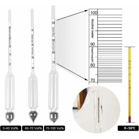 Ikodm – Lot de 3 alcoomètres professionnels – Mesure de 0 à 100 % – Thermomètre inclus pour précision – Pour whisky, vodka, cognac