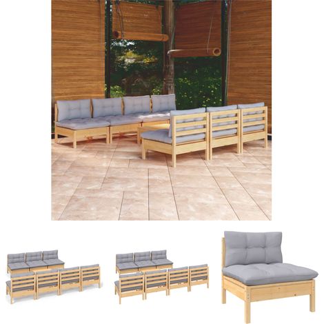 The Living Store - 8-tlg. Garten-Lounge-Set mit Grauen Kissen Kiefernholz (1/5)