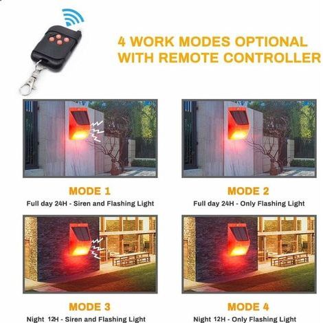 Achort IP65 Wasserdichte Solar-Blitzleuchte mit Bewegungsmelder, Solar-LED-Alarmmelder mit Fernbedienung, 129 dB Lautstärke, wasserdichte Sicherheitssirene für Haus, Bauernhof und Villa (1/4)