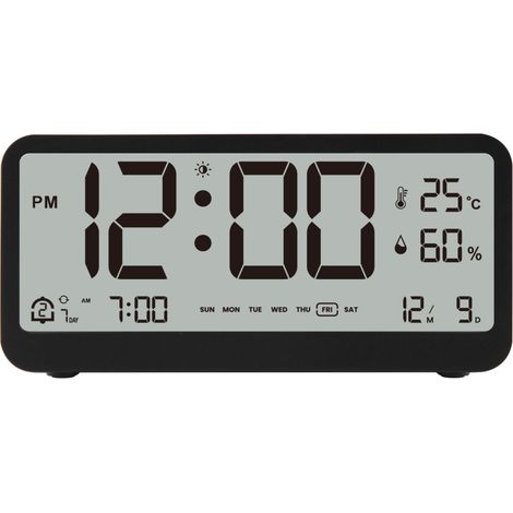 Orologio digitale multifunzione, visualizzazione di temperatura/umidità, 2 modalità di allarme, giorno della settimana/mese, formato 12/24 ore, luminosità LED regolabile.