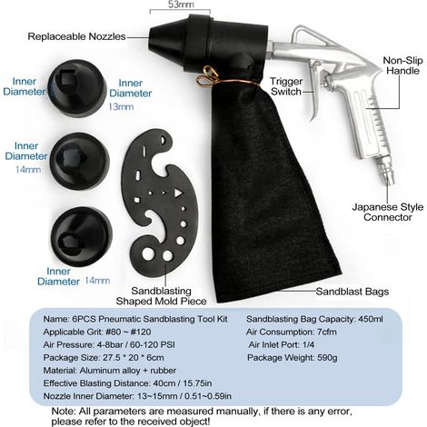 Kit de sablage pneumatique 6 pièces, sableuse portative avec sac de sablage de 450 ml, outil de sablage pour l'élimination de la rouille/le sablage/le polissage/la rénovation