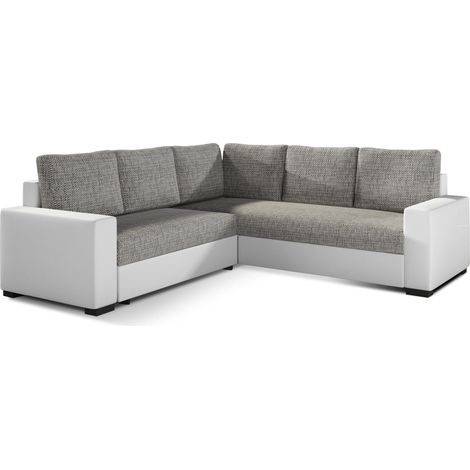 Canapé d'angle convertible simili blanc et tissu gris clair chiné Travor 235cm (1/5)