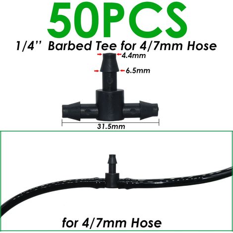 (SPL11-006-50PCS-1/4'') 20 à 100 raccords en T de 6,35 mm (1/4 pouce) pour système d'irrigation goutte à goutte, outils d'arrosage pour tuyaux de 4 mm/7 mm et serres. (1/5)