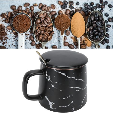 Mug en céramique à motif marbre, avec cuillère et couvercle, idéal pour la maison, les voyages, le bureau et les activités de plein air (noir). (1/5)