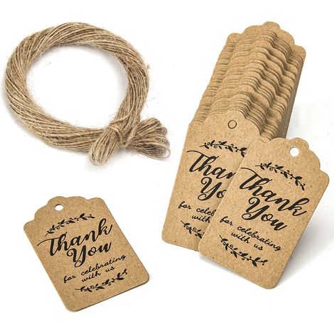 100 Étiquettes, Cadeau, Papier kraft, 5x3 cm, Corde jute, 20 m, Mariage (1/5)