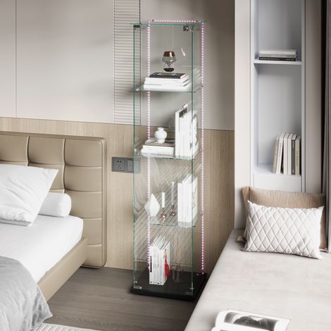 Glasvitrine – mit 4 Einlegeböden – integrierte LED-Lichtleiste – Glasregal auf Standfuß – LED-Vitrine – 40x35x163 cm – Weiß