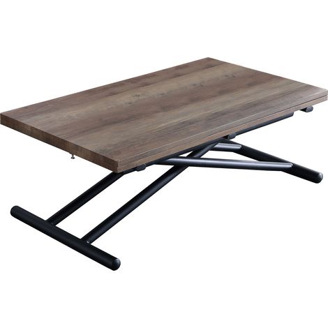 Fijalo – Table basse relevable extensible 100x100cm – Plateau noyer – Structure métal noir – Hauteur réglable 49-76cm – Élévation par bouton-poussoir (1/5)