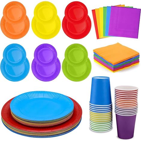 Ensemble de vaisselle de Fête Coloré Assiettes en Papier Ensemble Coloré Gobelets en Papier Serviettes 6 Couleurs pour Anniversaire Vacances et Célébrations ou Barbecue Peinture DIY (1/5)
