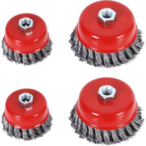 Brosse Métallique Nettoyage,4pcs Brosse Conique pour Meuleuse, Brosse de Ponçage en Acier Torsadé Diamètre de 75 mm et 100 mm, M14 (1/4)