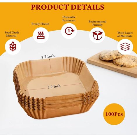100 Pcs Papier Cuisson Air Fryer, Carrées 20 CM Papier Air Fryer Pour Ninja, Philips, Qualité Alimentaire Papier Sulfurisé, Papier Cuisson Jetable Pour Air Fryer, Four Et Micro-Ondes.