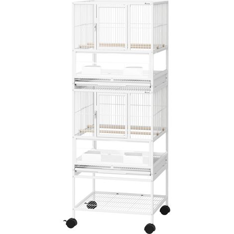 Cage à oiseaux à 2 niveaux avec panneaux acryliques, mangeoires, perchoirs, roues et étagère inférieure, 48 x 46 x 134,5 cm, blanche (1/5)