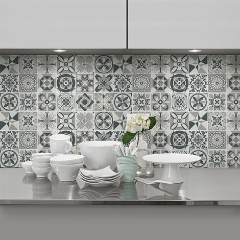 Sticker Mural Carrelage adhésif Cuisine Salle de Bain - 24 STICKERS CARREAUX DE CIMENT AZULEJOS ELODIA - 24stickers10x10cm (1/5)