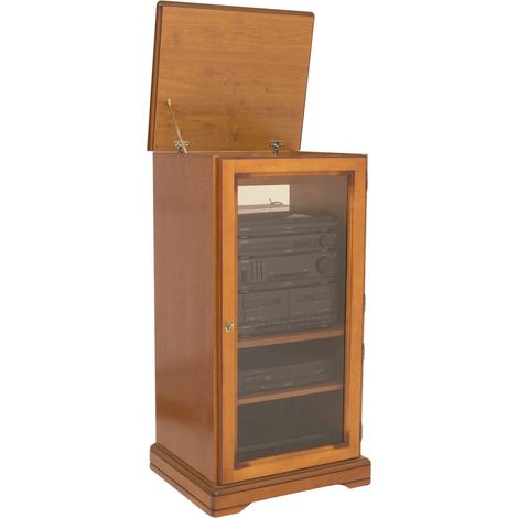 Rack Hifi Merisier 1 Porte Vitrée Dessus Relevable 5 Niches L 57 H 107 P 46.5 cm