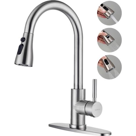 Robinet de cuisine avec douchette extractible, douchette à 3 fonctions, robinet d'évier monocommande à bec haut en acier inoxydable nickelé brossé pour camping-car, bar, ferme, buanderie, extérieur (1/5)
