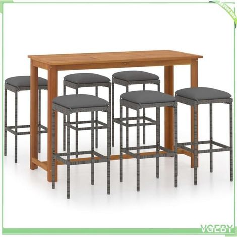 Ensemble de bar de jardin - FAFEICY - 3068012 - Gris - Table acacia huilé - 6 tabourets résine tressée (1/5)