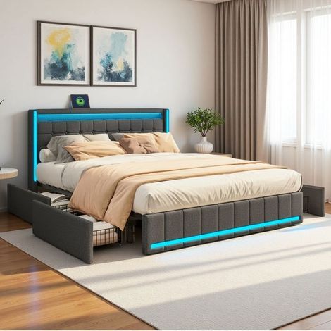 Cama doble 140x200cm - Sommier incluido - 4 cajones - LED RGB - Tomas USB