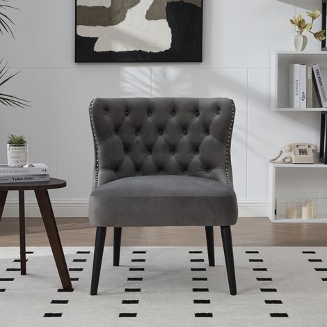Chaise individuelle en velours à boutons, design moderne sans accoudoirs avec finition à rivets et pieds en bois massif pour salon, chambre (velours gris) (1/5)