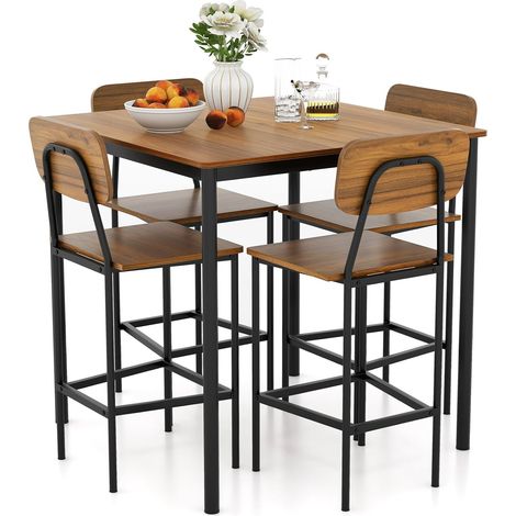Costway – Ensemble table haute et 4 tabourets – Table 90 x 90 cm – Capacité 90 kg – Dossier ergonomique – Design compact pour petits espaces