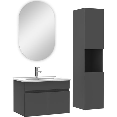 Ocean ensemble Salle de Bain avec colonne et miroir ovale 60cm meuble Anthracite (1/4)