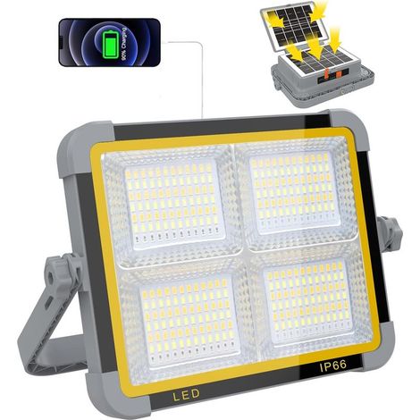 Projecteur LED Rechargeable 150W, Projecteur LED Chantier Portable avec Double Panneau Solaire, Lampe de Travail 9000mAh/336 perles LED/4 Modes/IP66, Projecteur de Chantier pour Garage, Camping (1/5)