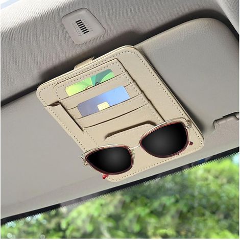 Organizzatore per aletta parasole auto, organizer per occhiali da sole per aletta parasole auto, clip universale per aletta parasole auto, chiave patente, telefono cellulare (beige) (1/4)
