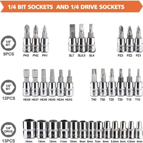 Coffret de 46 clés à douille en acier au chrome-vanadium, adaptateur 1/4", boîte à clés à douille pour réparations automobiles (1/4)