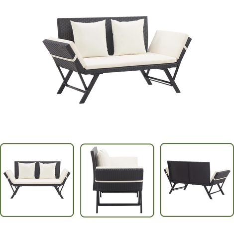 Banc de jardin meuble de patio d'extérieur terrasse avec coussins 176 cm résine tressée noir (1/5)