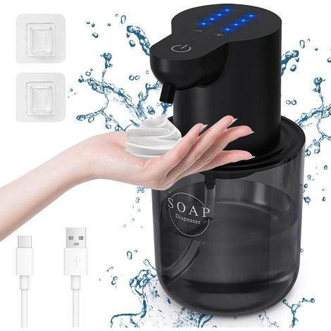 Distributeur de savon automatique moussant 400 ml mural électrique, avec affichage batterie et volume de mousse réglable 4 niveaux, pour salle de bain et cuisine - Noir