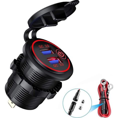 Cargador USB QC 3.0 para motocicletas, toma USB para coche de 12V/24V resistente al agua con interruptor y LED, para coches, motocicletas, autobuses, remolques, barcos, rojo. (1/5)
