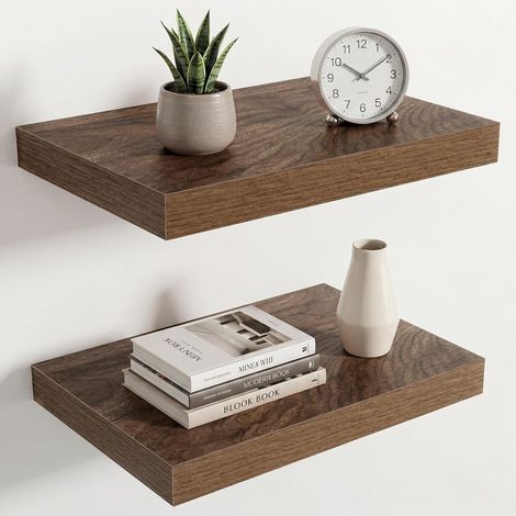 Étagère Murale en Bois, Profondeur Extra de 25 cm, Longueur 40 cm, Tablette Murale pour Salon, Salle de Bain, Chambre, Cuisine, Noyer, Lot de 2 (1/5)
