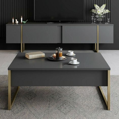 Ensemble de Meubles de Salon Mornasco, Modulable, 2 Portes, 2 Compartiments, Noir Anthracite (1/4)