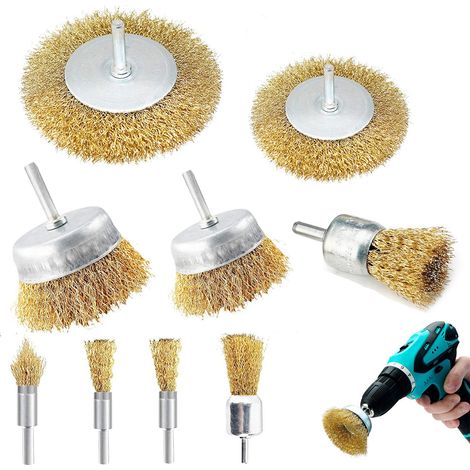 9Pcs Brosse métallique Perceuse, Laiton Revêtu Brosses métalliques Roues (1/5)