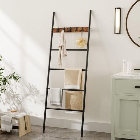 Towel Rack, Blanket Ladder, Leaning Ladder Rack, Bathroom Towel Rack, with 5 Crossbars and 5 Hooks, Strong Storage Function, Metal Frame, Stable, Industrial, HOOBRO EBF60CJ01 (1/5)