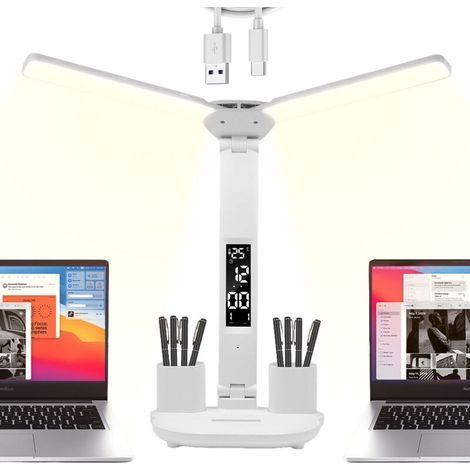 Lampe de Bureau Sans Fil à LED Double Tête, Lampe Bureau Enfant Dimmable 3 Modes avec Heure Calendrier Température, 2 Porte Stylo Support Téléphone, Batterie 3200 mAh USB, Réglable 180°/90°, Contrôle