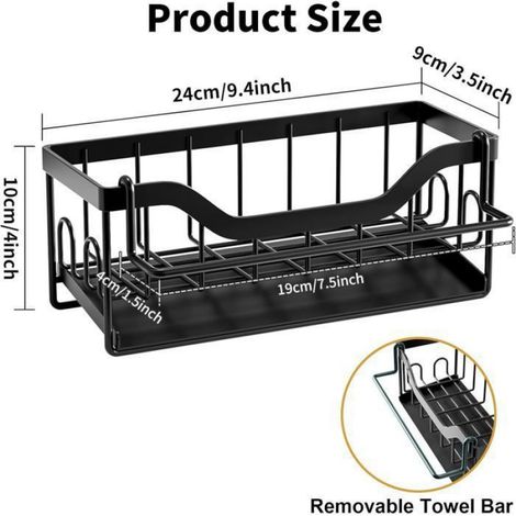 Porte Eponge evier Cuisine,Rangement evier Cuisine avec Porte-Serviettes,Support Eponge evier Cuisine avec Adhésif (Noir) (1/4)
