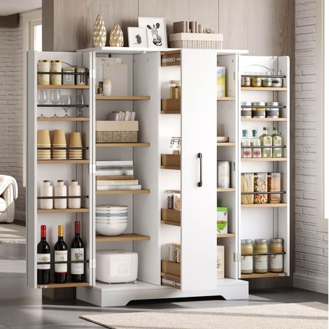 Credenza da cucina 120x78x35 cm, con portaspezie integrati, 4 ripiani interni, MDF bianco (1/5)