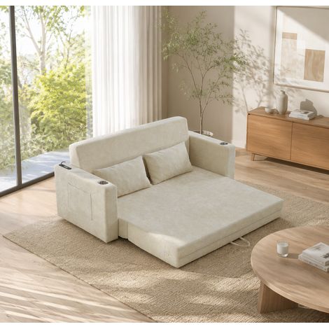 Divano letto 2 posti 153x77x65 cm in ciniglia beige con USB per soggiorno – MEUBLIV (1/5)