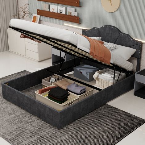 Letto contenitore adulto 160x200 cm con testiera imbottita, struttura in velluto grigio, materasso non incluso (1/5)