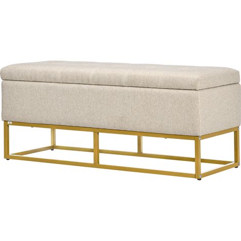 Banc coffre de rangement 2 en 1 assise capitonnée pieds acier beige doré 110 x 44 x 48 cm