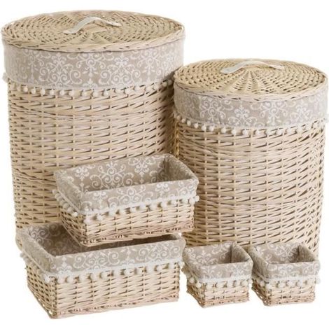 Panier de rangement tressé - JUANIO - Lot de 6 - Osier-tissu naturel - Empilable - Avec couvercle (1/4)