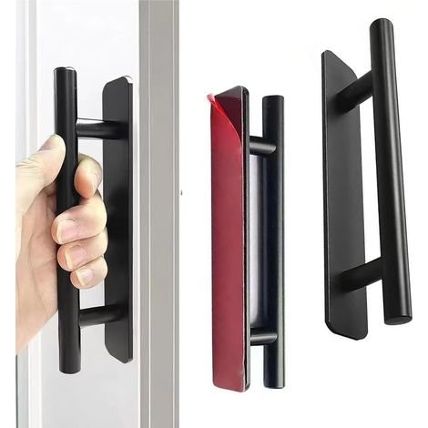 2 Pcs Self Adhesive Furniture Handle Sliding Door Handle Stainless Steel Handles No Drilling for Kitchen Cupboard Fridge Drawer Sliding Door (Black) (1/5)
