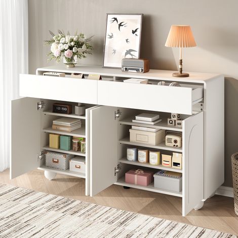 Buffet de salon, 140x38x89 cm, Grand meuble de rangement avec 4 portes courbées et 2 tiroirs, Commode moderne en MDF pour salle à manger, Blanc (1/5)