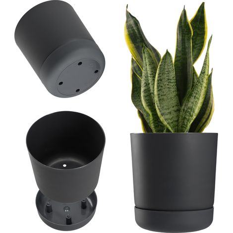 KADAX Blumentopf mit Untersetzer, Pflanzentopf aus Kunststoff, 17 cm, Anthrazit
