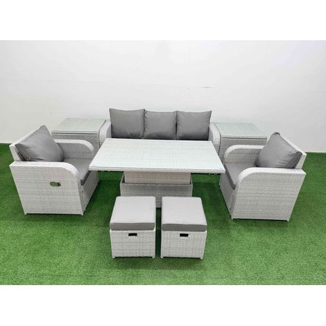 Fimous PE Rattan Garden Furniture Set Reclining Chair Sofa Lounge Sofa Set Adjustable Lifting Dining or Coffee Table 2 Side Table 2 Small Stools Light Grey (1/5)
