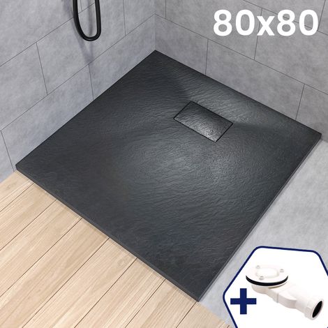 BADLAND Duschwanne 80x80x3,2 VIDAR Schwarz Verbundwerkstoff Duschtasse Quadratisch, Steinoptik, mit Ablaufgarnitur Ø 90 mm (1/5)