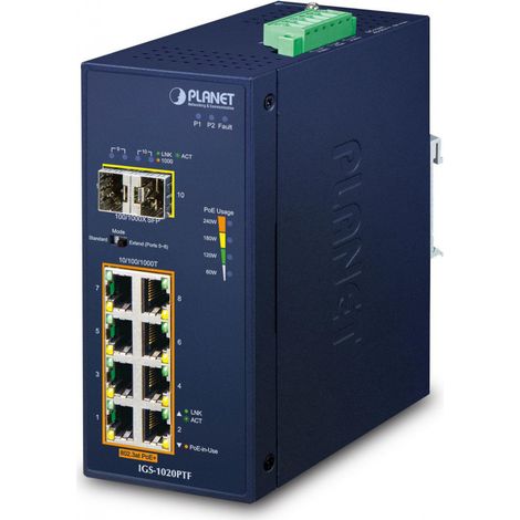 Planet IGS-1020PTF Switch Indus 8 ports Giga PoE at 240W 2xSFP