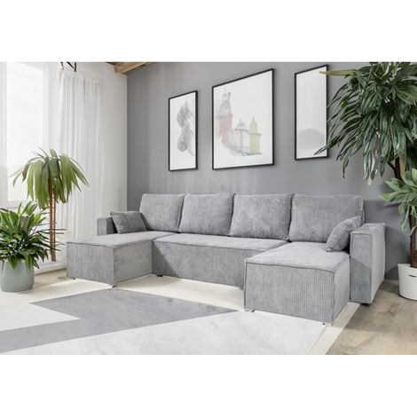 Tendencio – Canapé convertible 3 places ANAFI – Velours côtelé gris – Assise en mousse 28kg/m3 – Ressorts ondulés pour confort optimal
