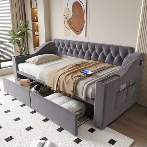 Cama tapizada 90x190 cm gris de terciopelo con almacenaje y USB (1/5)