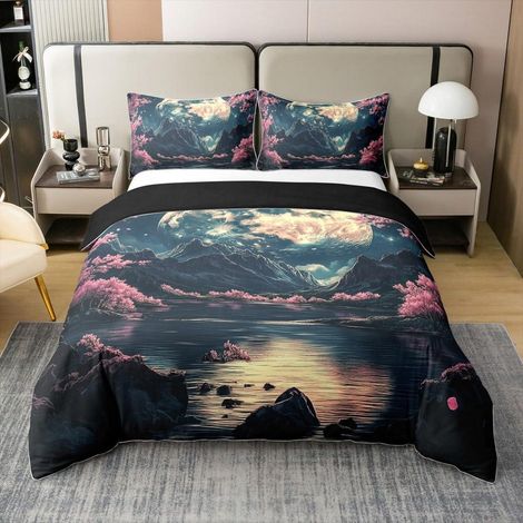 Ensemble de literie 155x220cm Coton Fleur de cerisier Lune Montagne Design avec taie d'oreiller
