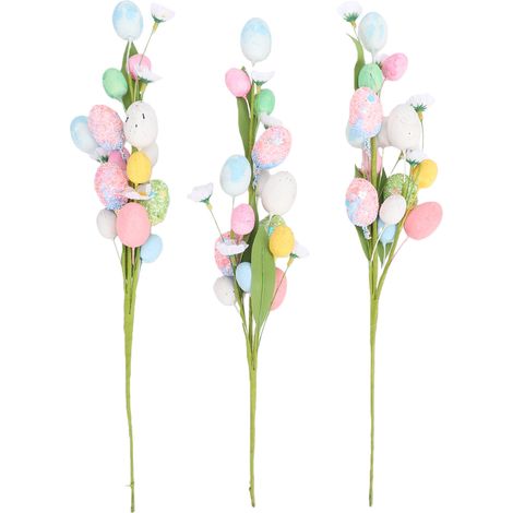 Lot de 3 pics floraux en forme d'œufs de Pâques, tiges artificielles colorées, décorations pour centre de table et compositions florales. (1/5)